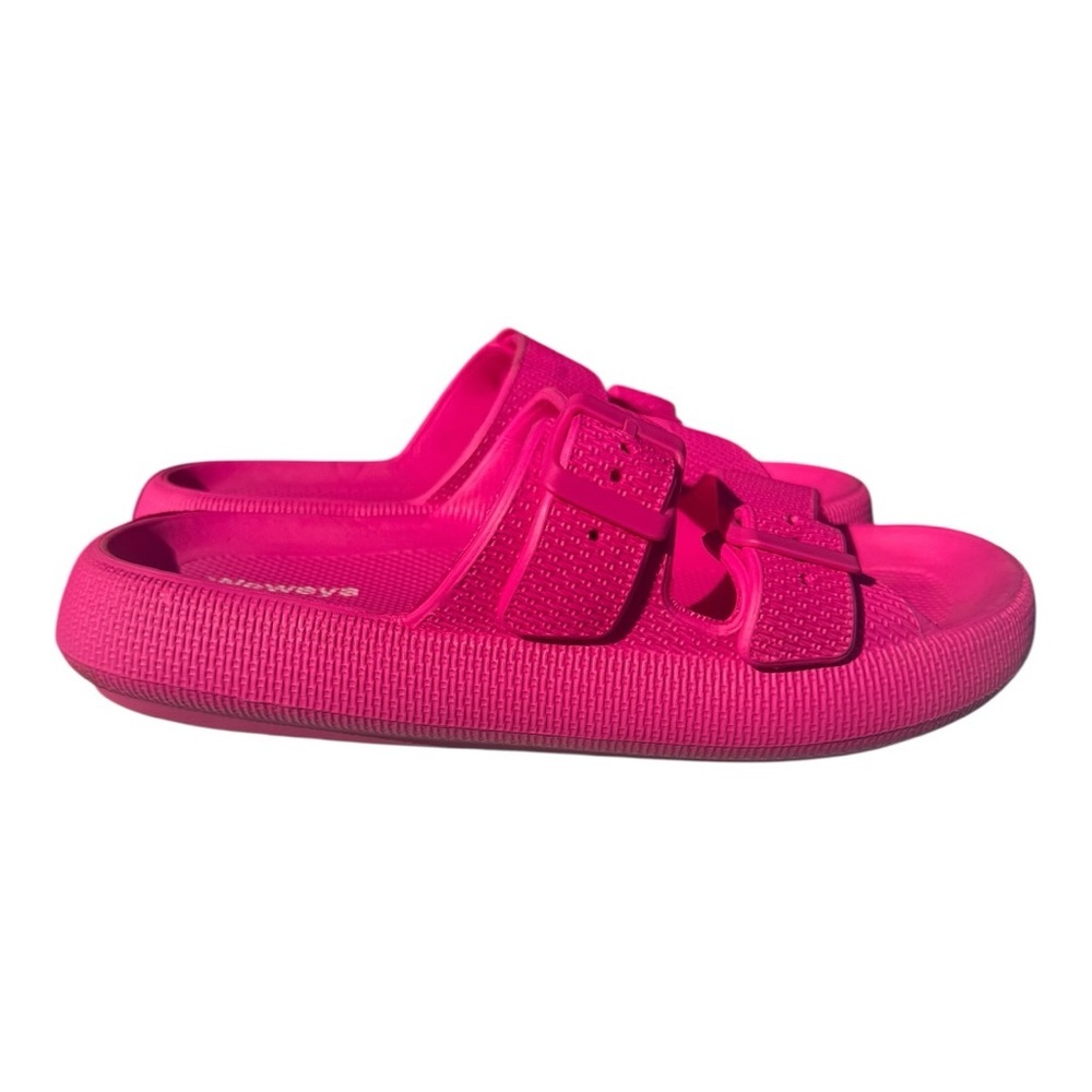 Hot Pink Double-Buckle Slide Sandals by Wewaya, cloud cushion waterproof slipper - Picture 15 of 16